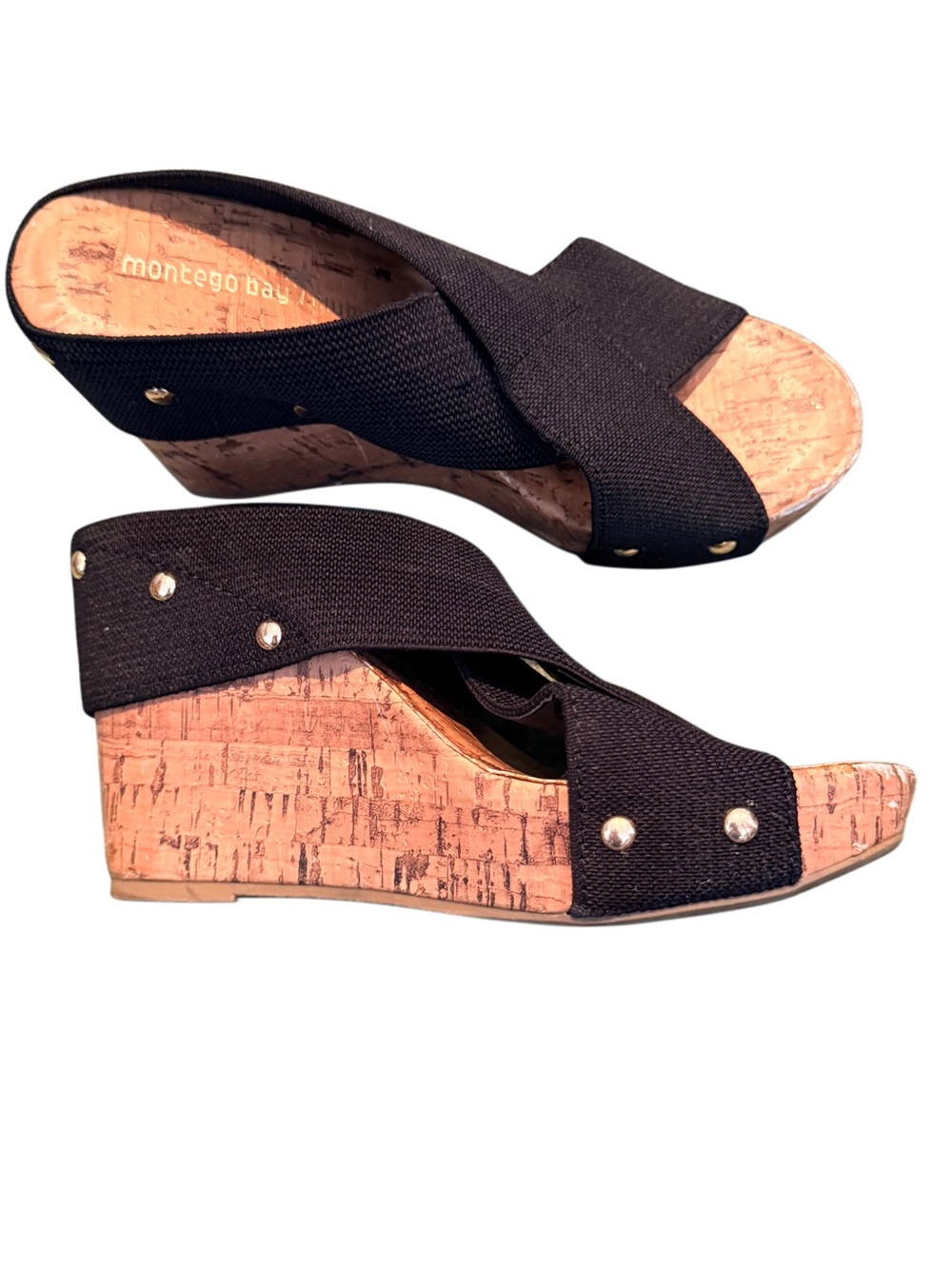 Montego Bay Club Black Fabric Cork Wedge Sandals with Stud Accents